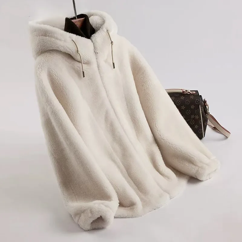 2025 New Women's Outerwear Solid Color Fashionable Simple Wool Winter Hooded Lamb Wool Fur Integrated Sheep Shearing Fur Coat Wo