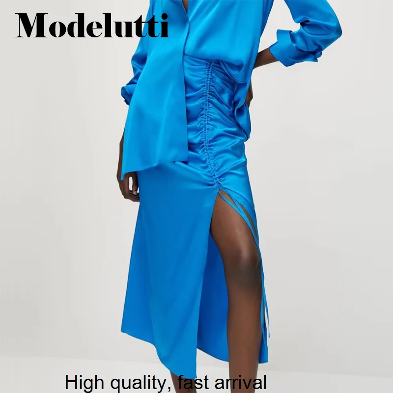 

New Spring 2023 Summer Fashion Satin Folds Slit Long Skirt Women Solid Color Simple Elegant Casual Bottoms Female