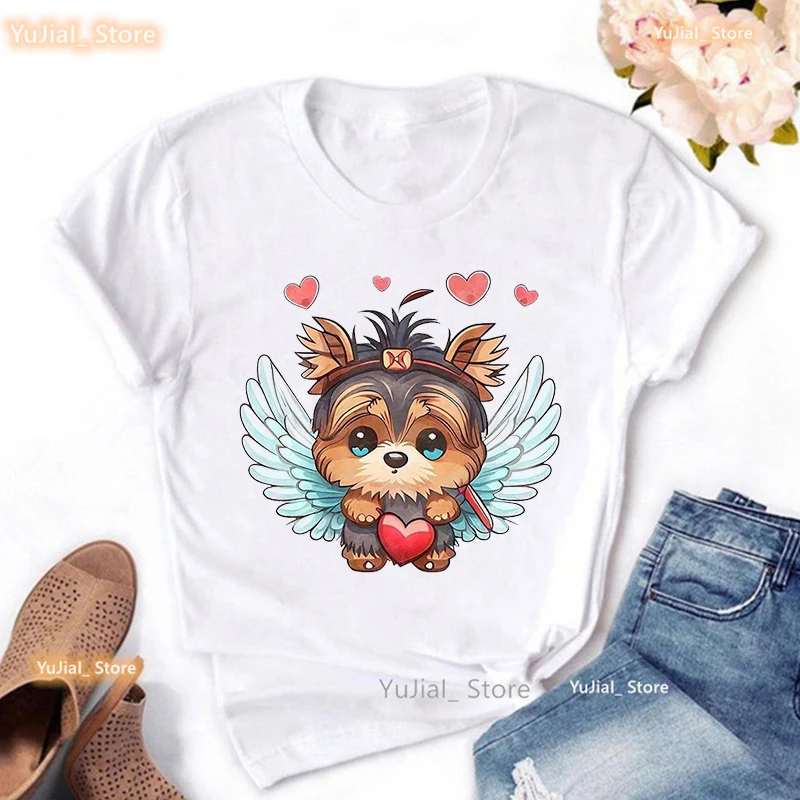 

Angel Yorkie/Chihuahua/Pug/Yorkie/Schnauzer Animal Print Tshirt Girls Kawaii Dog T Shirt Women Harajuku Shirt Summer Tops Tee