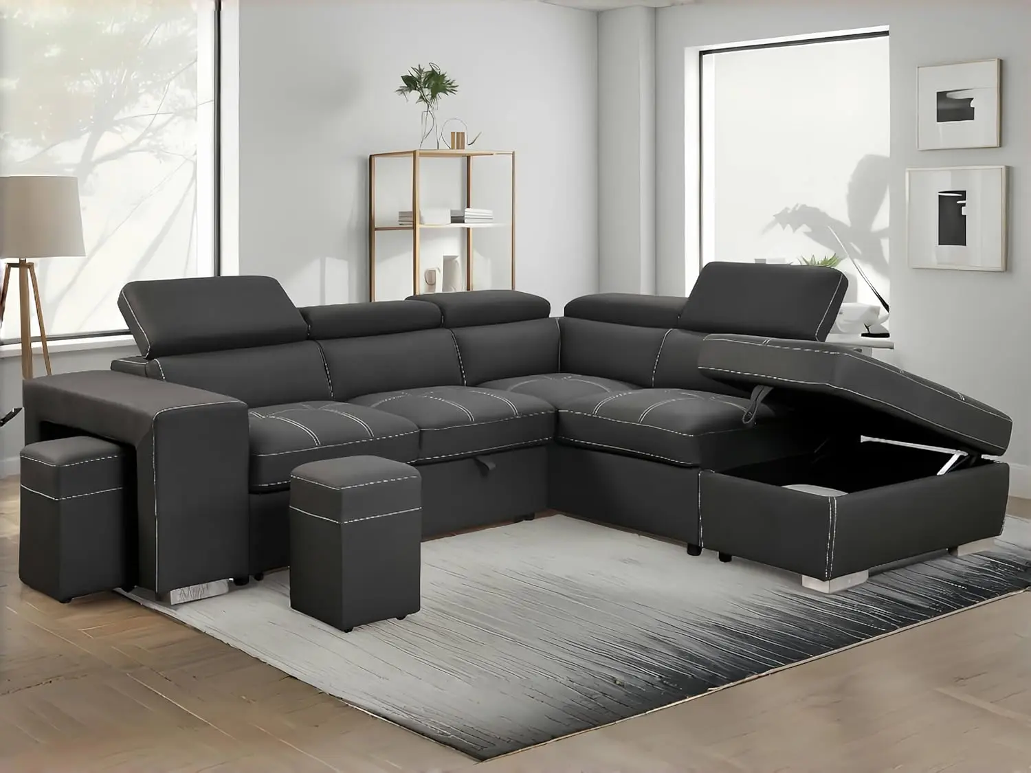 104'' Microfiber Sectional Sleeper Sofa with Pull-Out Bed, Sofa Chaise & Ottoman. Adjustable Headrest and Stools. Charcoal Grey