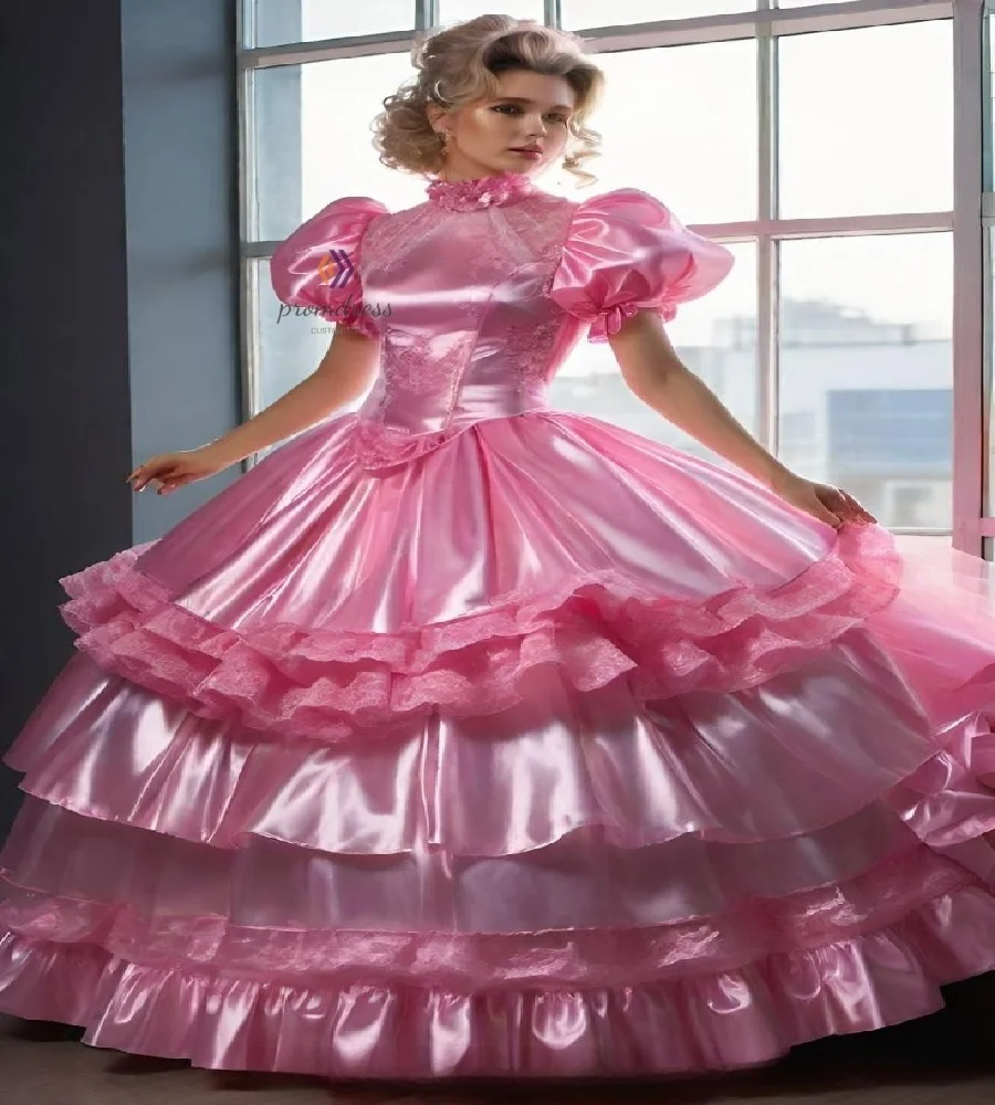 

Frilly Pink Maid Prom Dress Devious Tiered Cosplay Lolita Evening Dress Lace Ball Gown Birthday VictorianFormal Party Customized