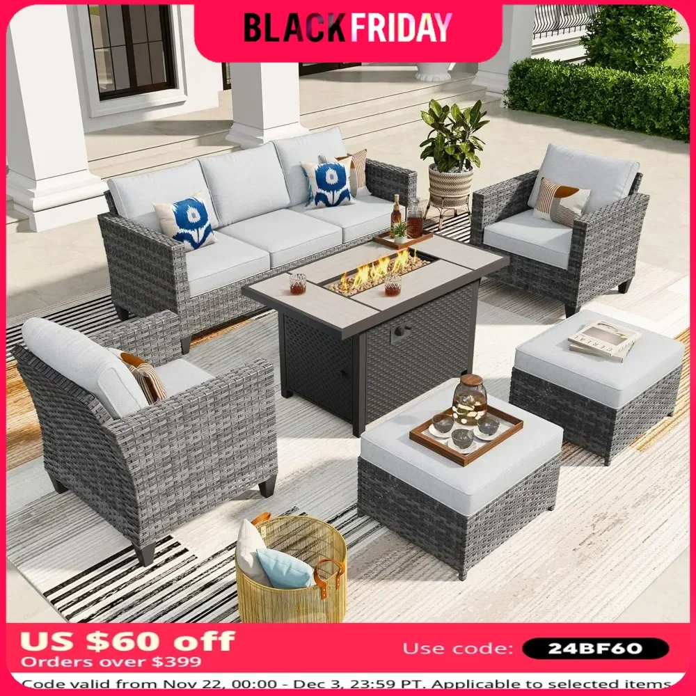 6 Pcs Patio Furniture Set with Fire Pit Table, Outdoor Wicker 3-Seat Sofa with Comfy Cushion, High Back Rattan Conversation Set