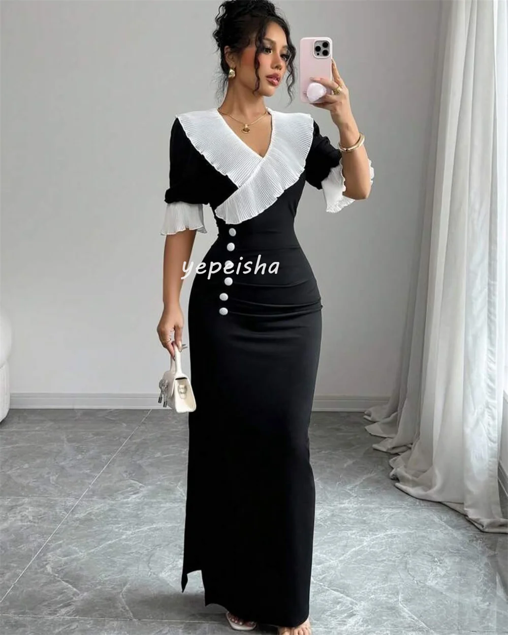 Customized Matching Fashion Jersey Draped Button Straight V-neck Long Dresses Bespoke Occasion Dresses Elegant Exquisite Formal