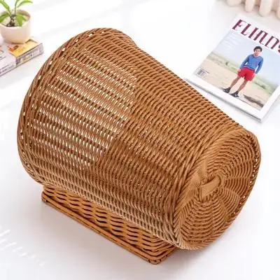 

Plastic Woven Trash Can Round Waste Basket for Bedroom Bathroom Travel Nursery Home Rubbish Container Simulated Rattan Storage