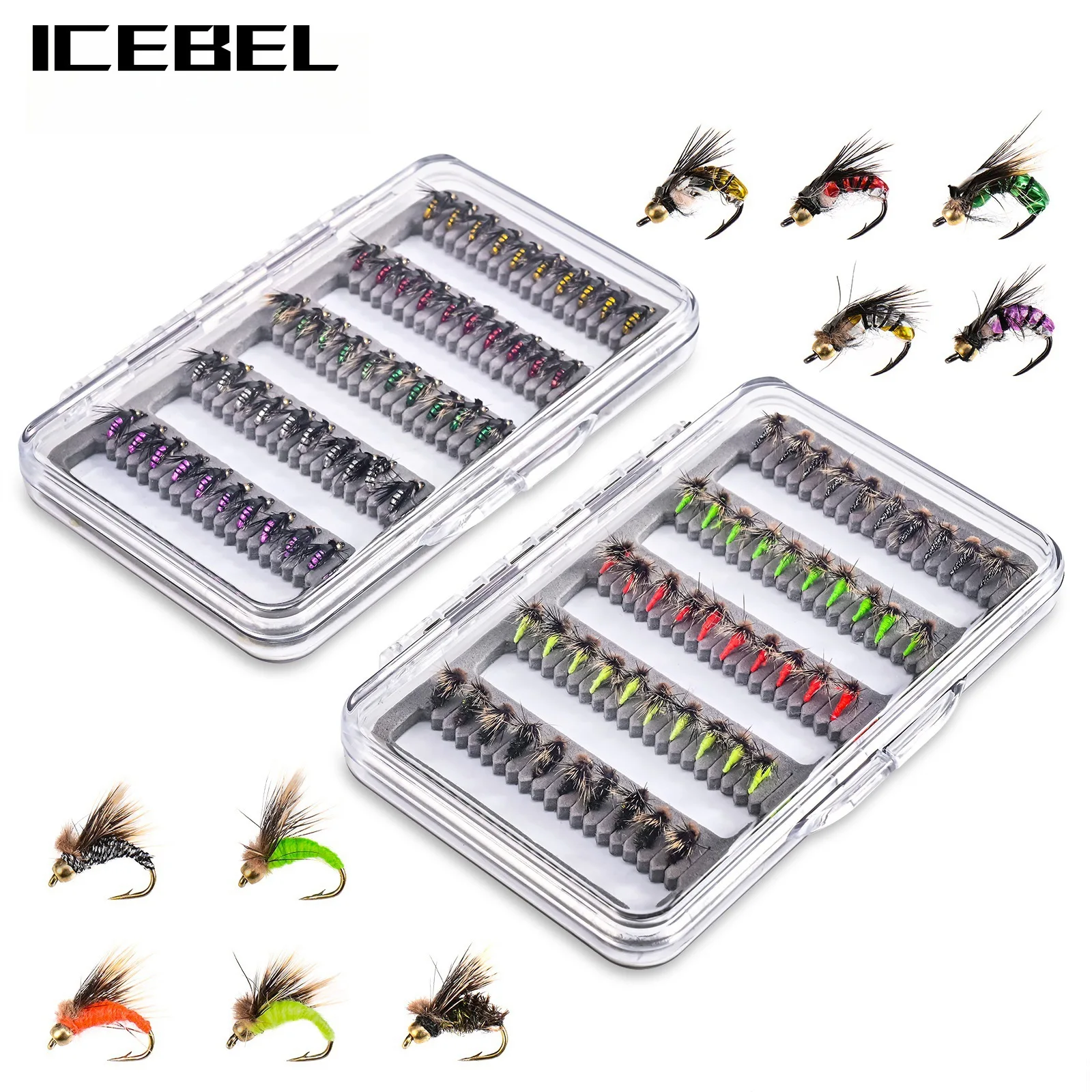 

ICEBEL 50-Piece 5-Color Mini Fly Fishing Nymphs, Stream Baits with Wet/Dry Biomimetic Fly & Larva Imitations for Trout Angling