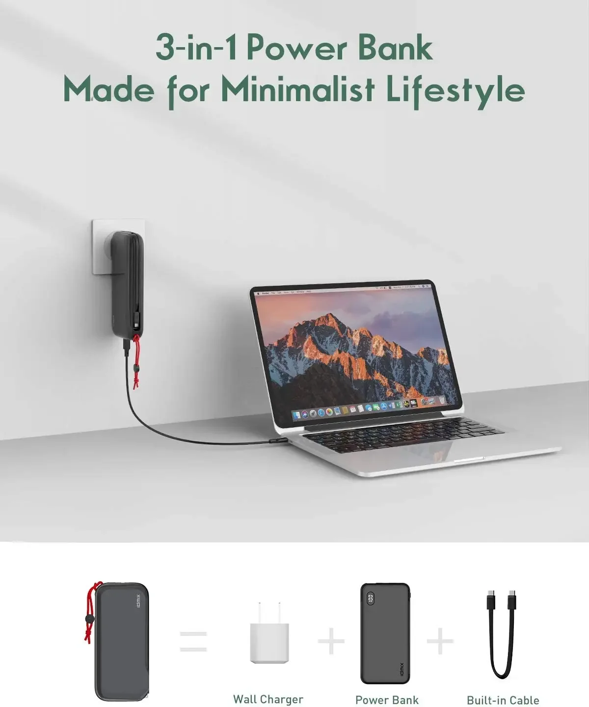 IDMIX CH08 3-in-1 Power Bank 20000mAh PD65W USB C Charger PD30W+QC18W Portable Charger Fast Charging