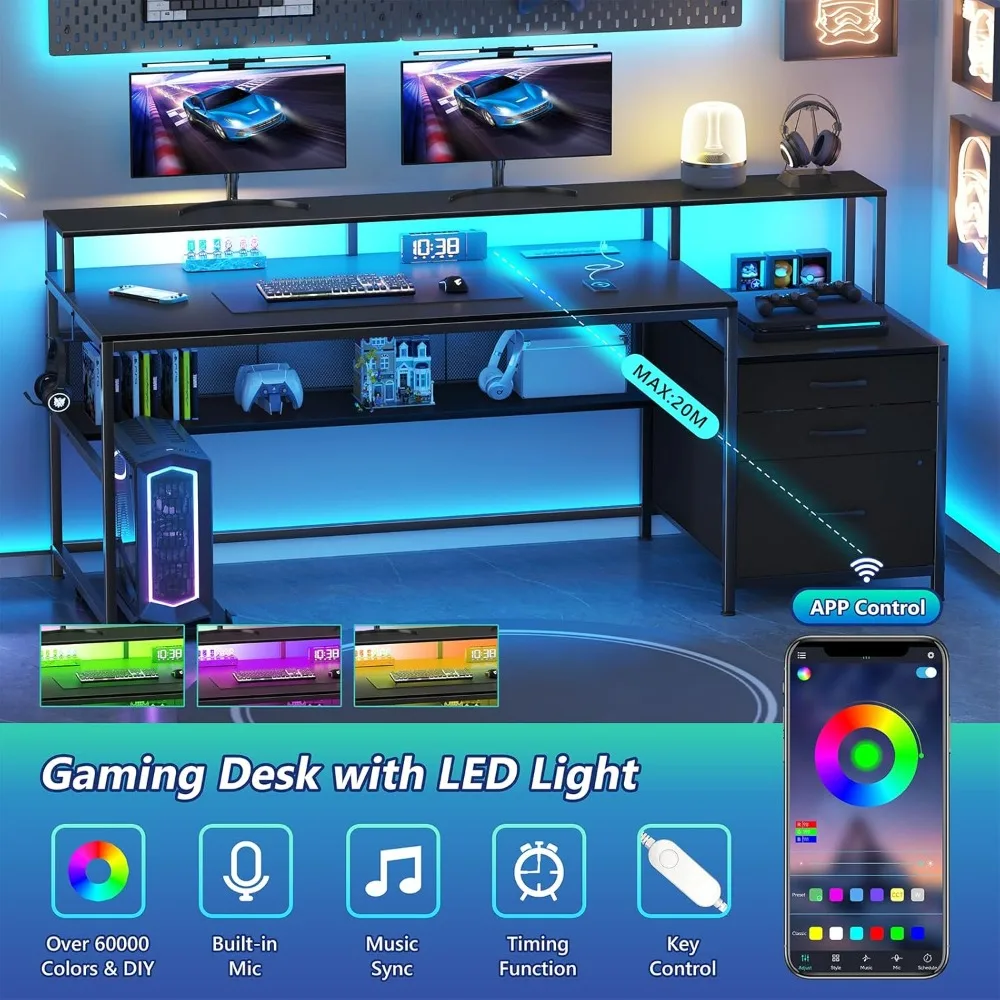 66" Computer Desk with LED Lights & Power Outlets, Home Office Desk with 3 Drawers & Storage Shelf, Gaming Desk