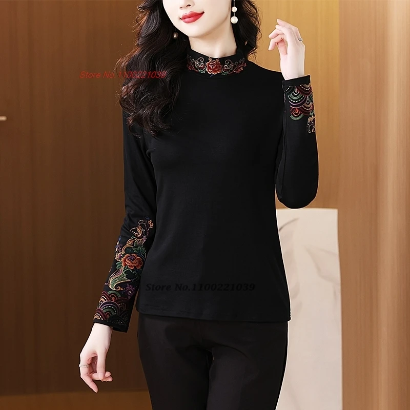 قميص صيني عتيق لعام 2025 قميص شعبي مطرز بالزهور الوطنية وياقة واقفة قميص قاعدة مبطن بالصوف التقليدي الشرقي