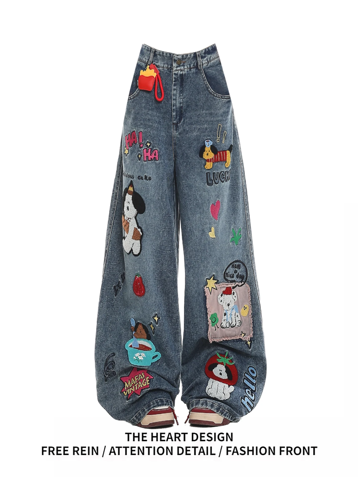 

Американские джинсы с мультяшной лоскутной вышивкой и широкими штанинами, женские свободные осенние новые длинные брюки с драпировкой для ленивых