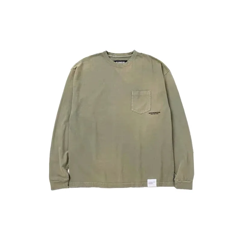 Japan Style NELGHBDRHOD NBHD 25SS Heavy Laundry Distressed Wax Printing Damaged Pockets Long Sleeved T-shirt