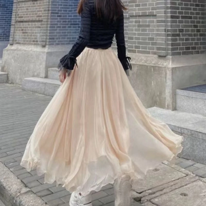 Summer Silky Skirt Elastic High Waist Glossy Silky Long Skirt Milk Silk A-line Long Skirts Women Beach Skirt Island Silk Dress