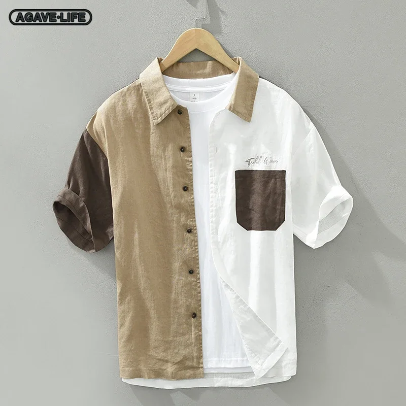 

Colorblock Comfortable Linen Shirt Summer Men Loose Casual Patchwork Top Japanese Men Thin Trendy Short-sleeved Breathable Shirt