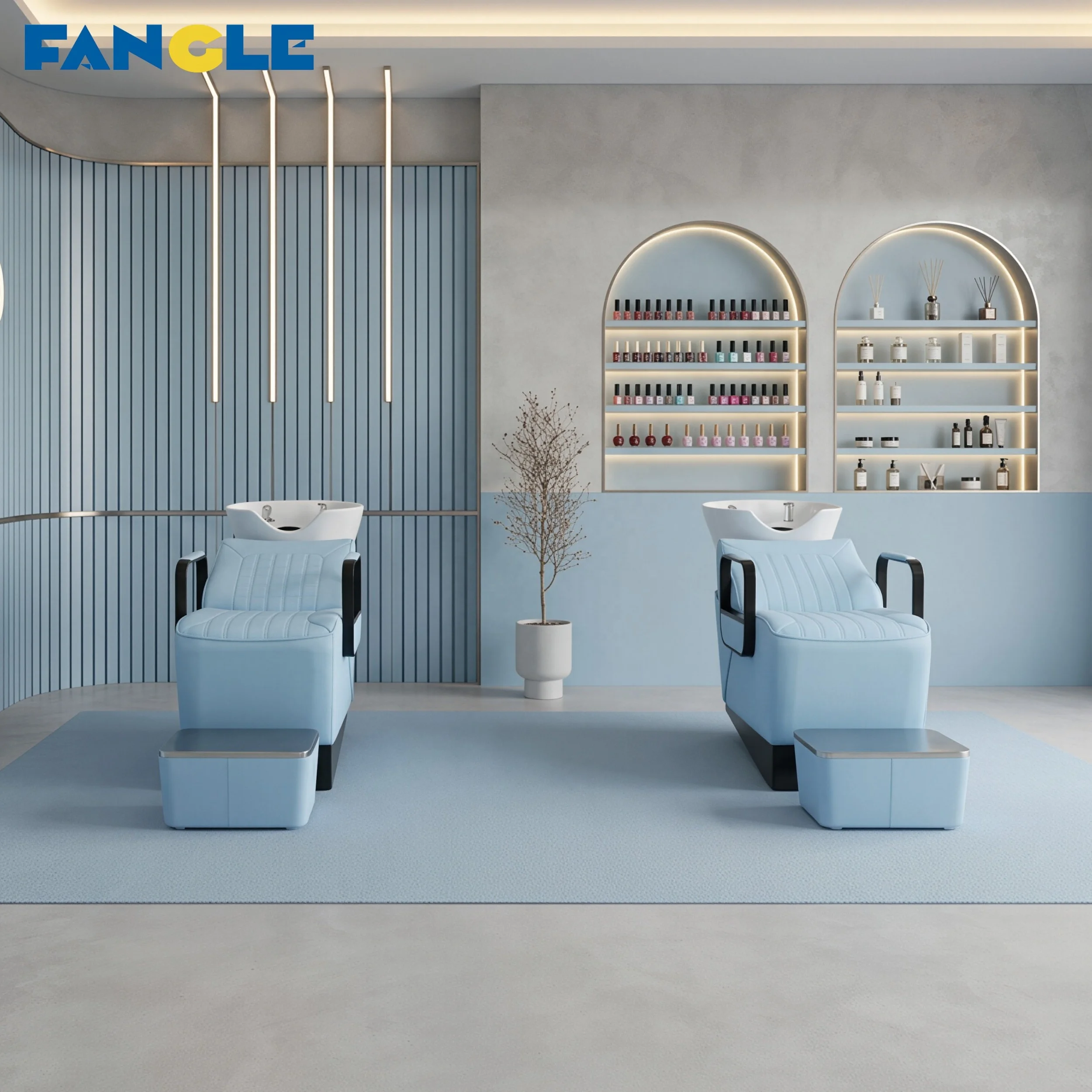 Modern Blue Shampoo Chair Salon Shampoo Station Salon BarberShop Hair Wash Chairs PU Leather Ceramic Bowl Shampoo Bed Salon Shop