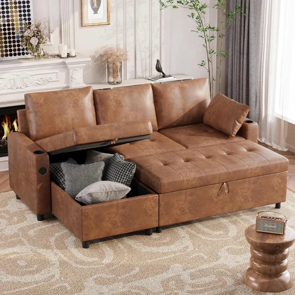 

L-Shaped Sleeper Sofa - Faux Leather Sectional w/ Pullout Bed & Reversible Storage Chaise"