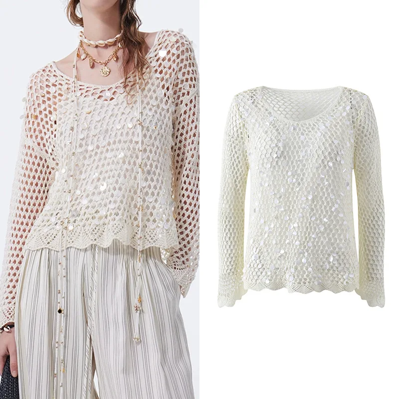 

Spring Summer 2024 Glitter Knitwear Hollow out Me Hook Flower Design Versatile Faionable Top Women's Ice Silk Ultra Thin