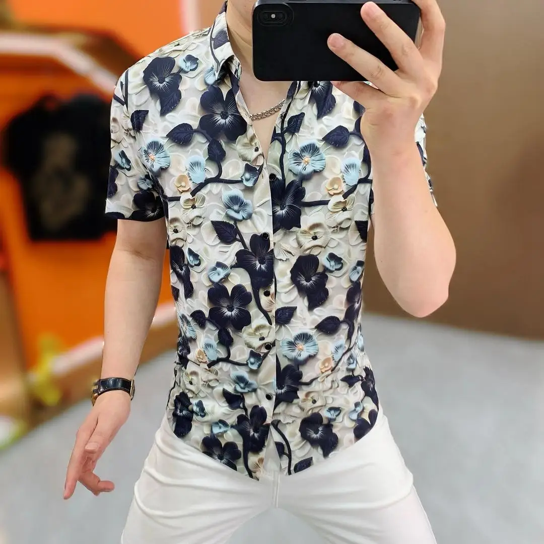 

High Quali Ice Silk Men's irt Faionable Slim Fit ort Sve Embroidery Personali European Sle Breathable Polyeste...