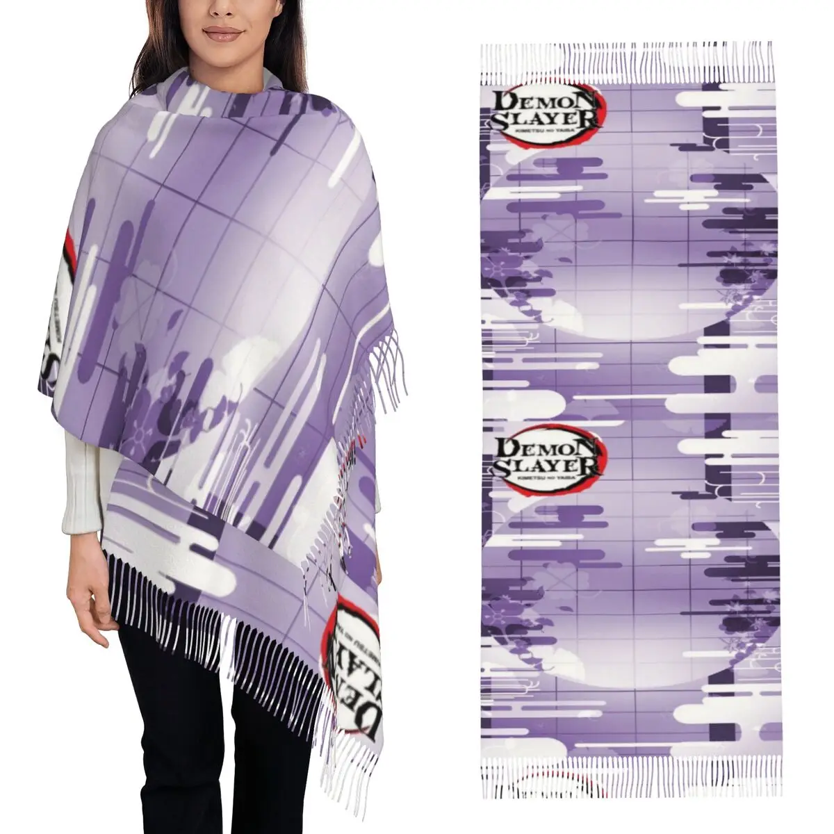 

Шарф с шрифтом Demon Slayer, шарфы с кисточками для женщин, мягкие теплые шали и накидки, длинная осенне-зимняя шаль