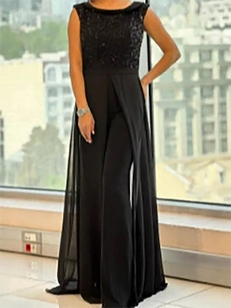 จั๊มสูทขายาวทรงเข้ารูป ดีไซน์หรูหรา คอทรงโอ ประดับเลื่อม แต่งผ้าปะต่อ แฟชั่นเอวสูง เหมาะสำหรับงานแต่งงาน