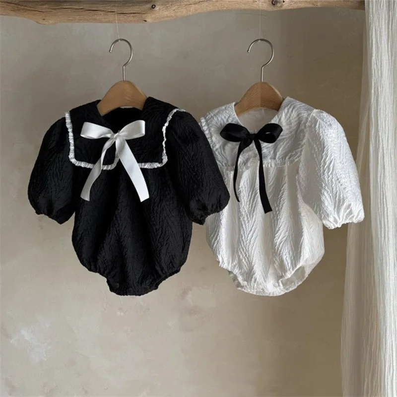 MILANCEL New Autumn Baby Bodysuit 3-24M Sweet Large Lapel Color Block Girls Jumpsuit Bow Loose Korean Toddler One Piece
