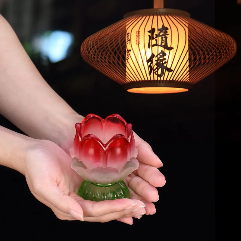 Colorful Glass Butter Lamp Lotus Lamp Holder Decoration Household Windproof Candlestick Buddha for Butter Lamp