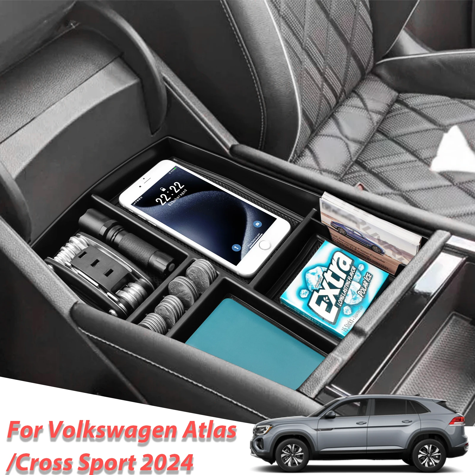 Center Console Organizer For Volkswagen Atlas/Cross Sport 2024 Armrest Box Storage Center Console Tray ABS Accessories Car Box