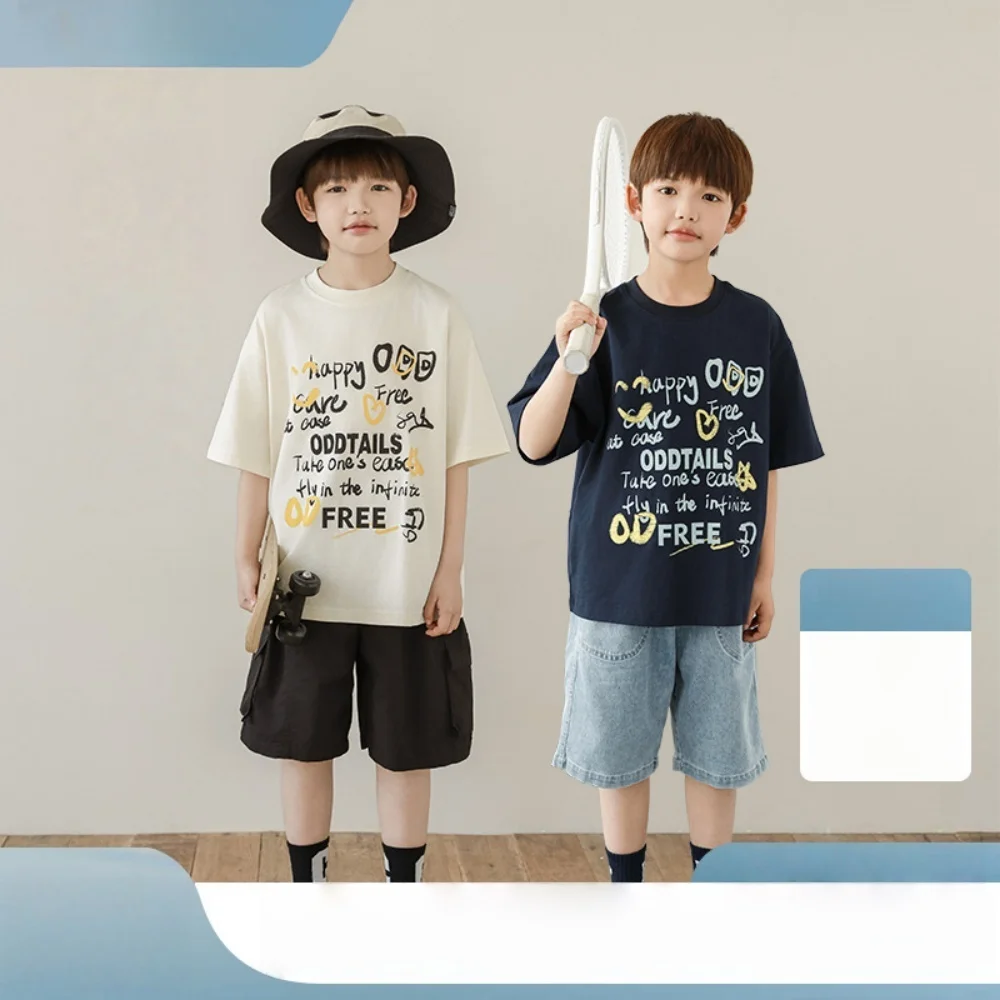

Cotton printed short-sleeved T-shirt for boys and girls 2025 new style mid-large children's sports and casual tops
