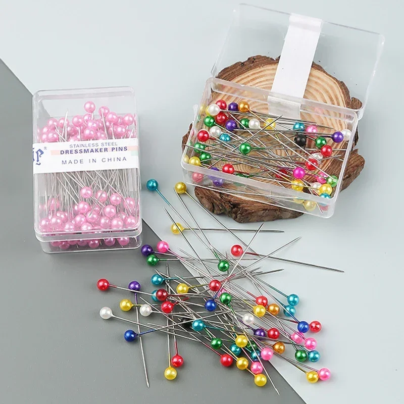 100Pcs/Box 38cm Bunte Runde Perle Kopf Nadeln Stich Gerade Push Nähen Pins für Schneiderei DIY Positionierung nähen Werkzeuge