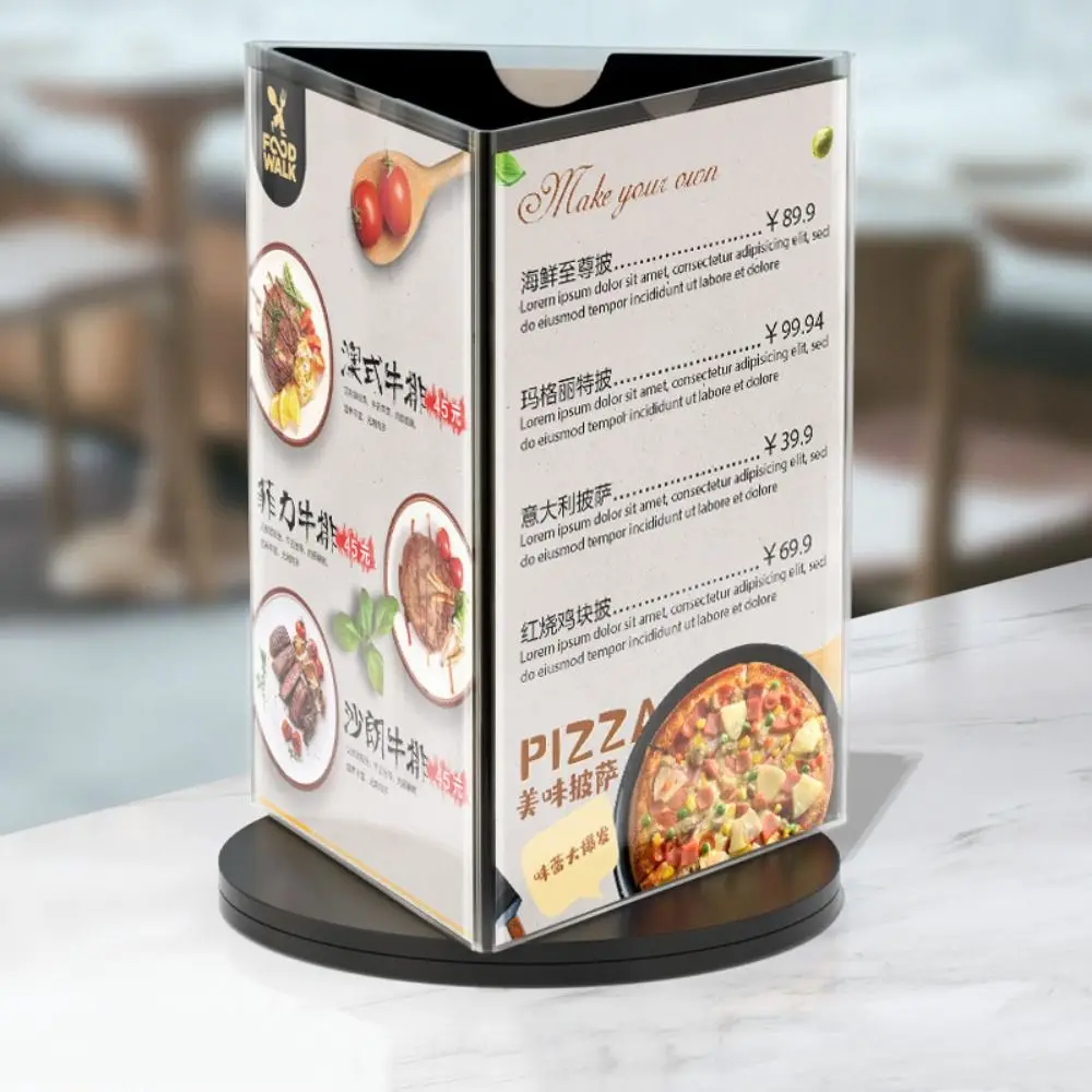 

360 Degree Rotating Menu Sign Holder Three Side Reusable Acrylic Table Number Holder Waterproof Protective Desktop Flyer Frame