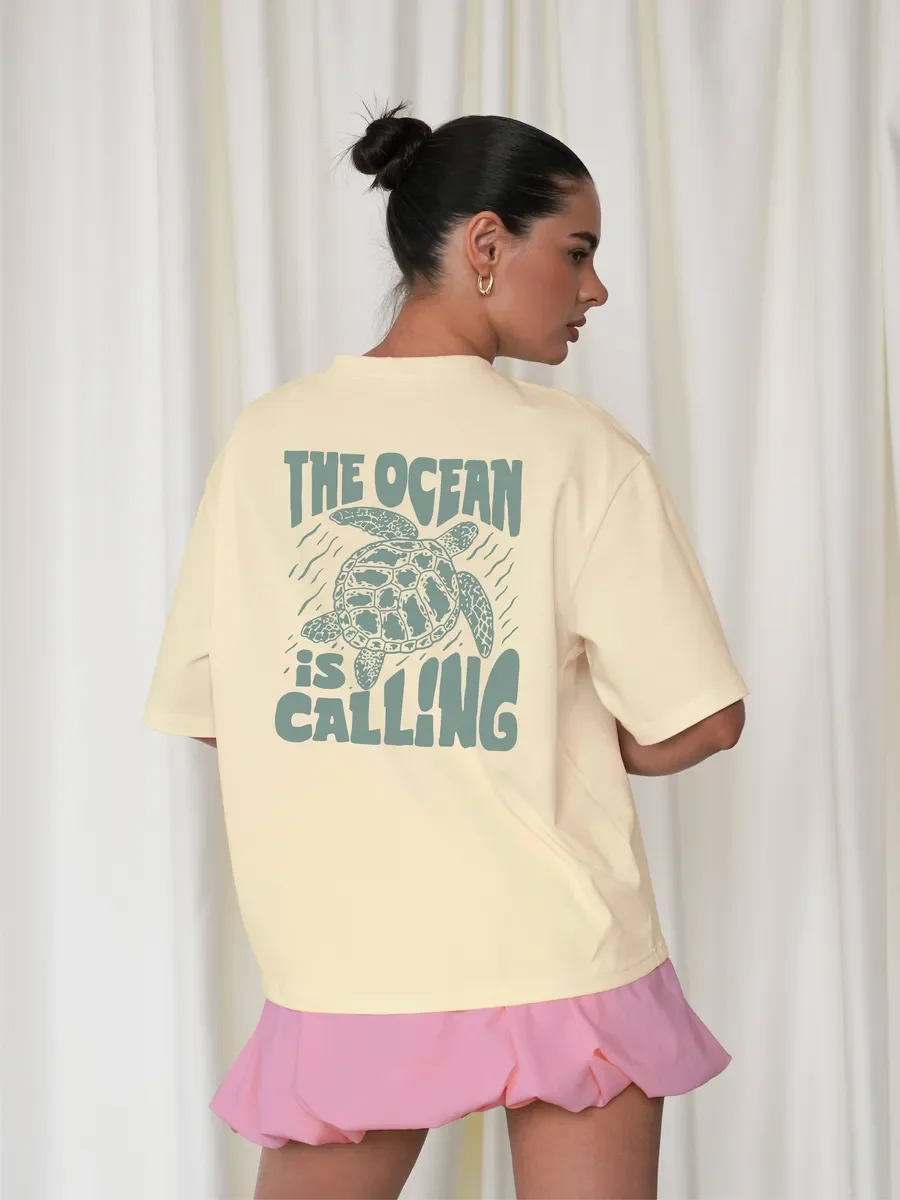 Cute Beach Sea Turtle Funny Back Printed T Shirts Apricot 100% Pure Cotton Oversize Graphic Tee Holiday Style Comfortable Summer