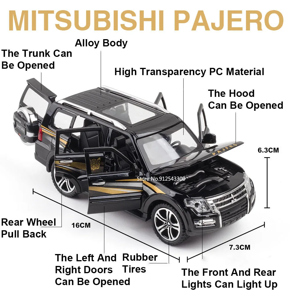 1/32 MITSUBISHI PAJERO Alloy Toy SUV Car Simulation Model Diecast Rubber Tires 6 Doors Can Opened Toy Vehicle Gifts for Children