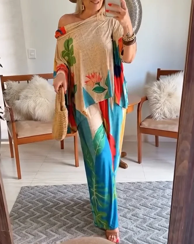 

2-piece bat sleeve top and casual wide leg pants set