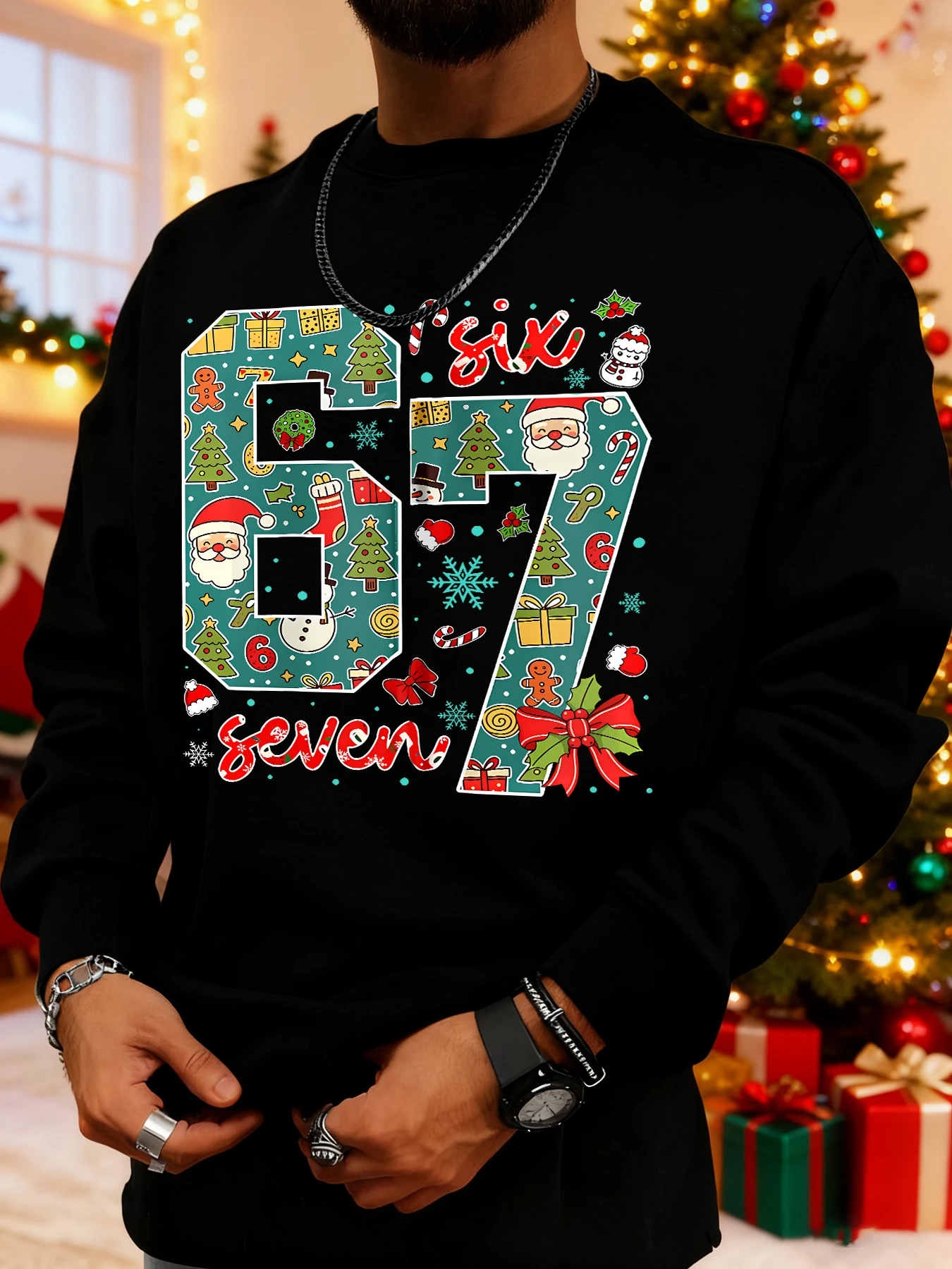 سويت شيرت رجالي، شجرة عيد الميلاد، رجل ثلج، رجل خبز الزنجبيل، قصب الحلوى، رقم 67 عناصر الخريف والشتاء العصرية #3