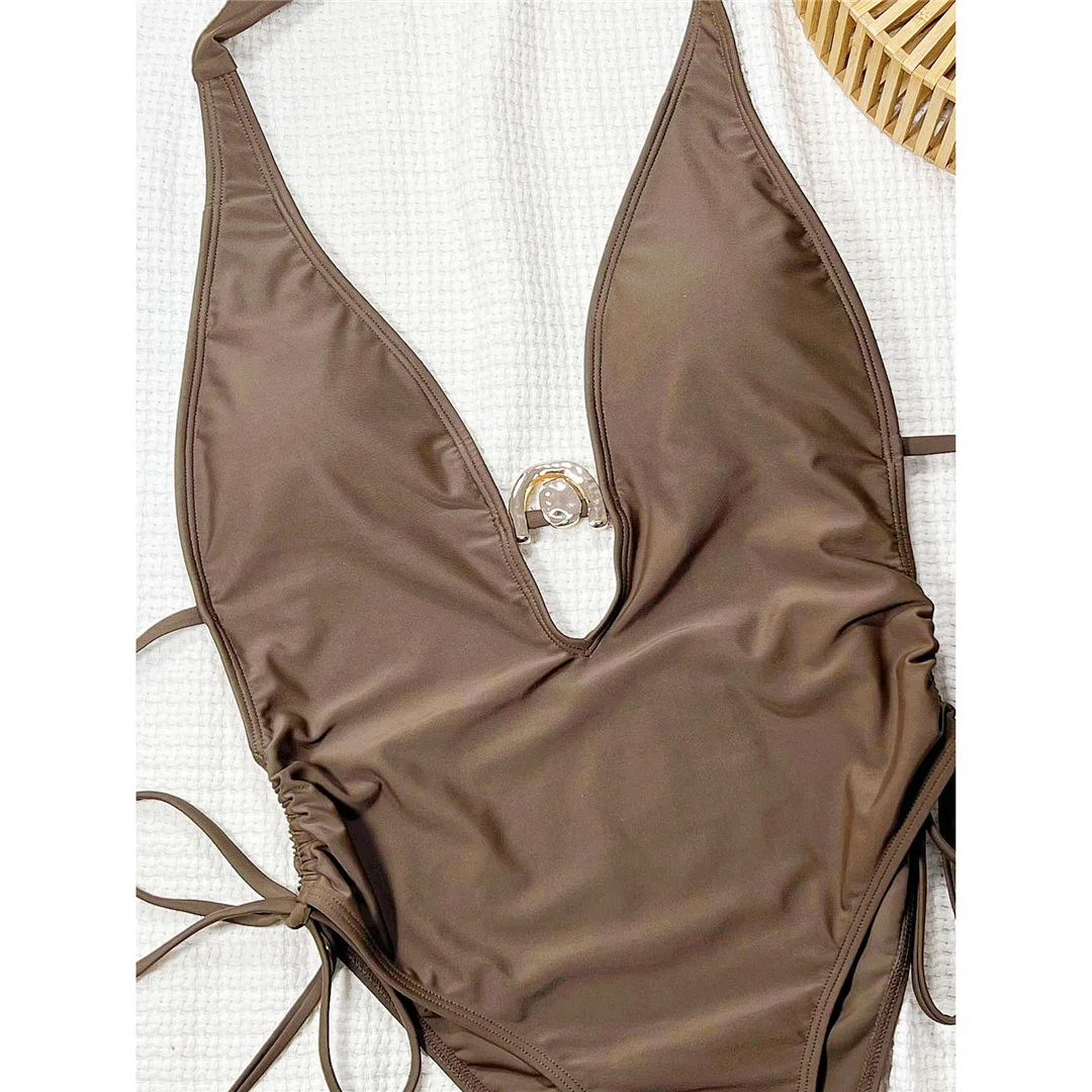 Damen-Badeanzug, tiefes V-Ausschnitt-Design, trägerloses Rückendesign, einteiliger Badeanzug, hoher Beinausschnitt, Monokini, gepolsterter Badeanzug, Badebekleidung, Modell V7299. – Detail 10