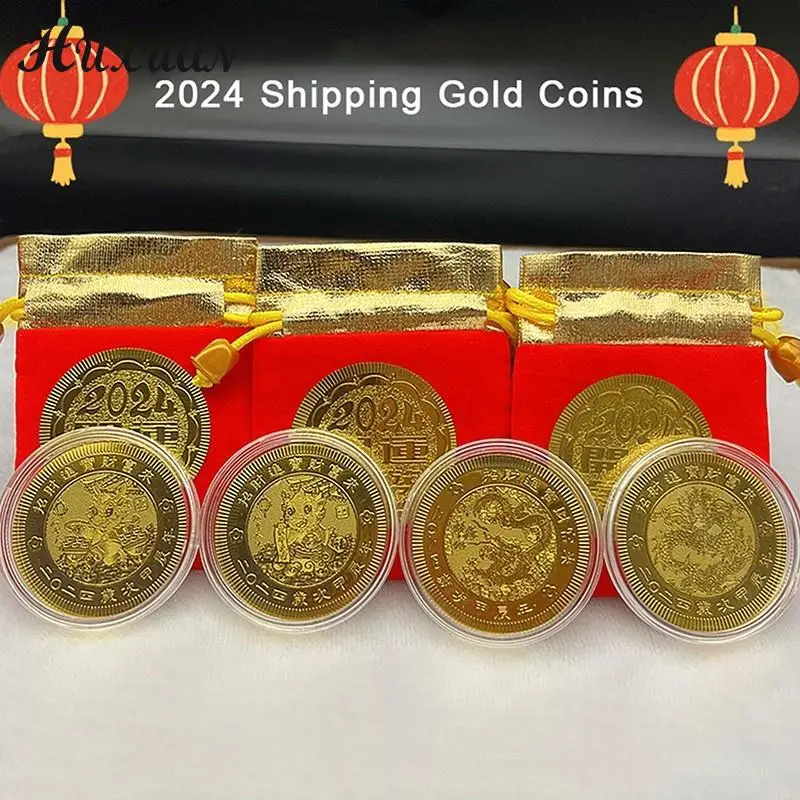 1PC 2024 Year Of Zodiac Dragon Gold Foil Chinese Souvenir Coin Pendant Ornament Car Home Decoration Gift