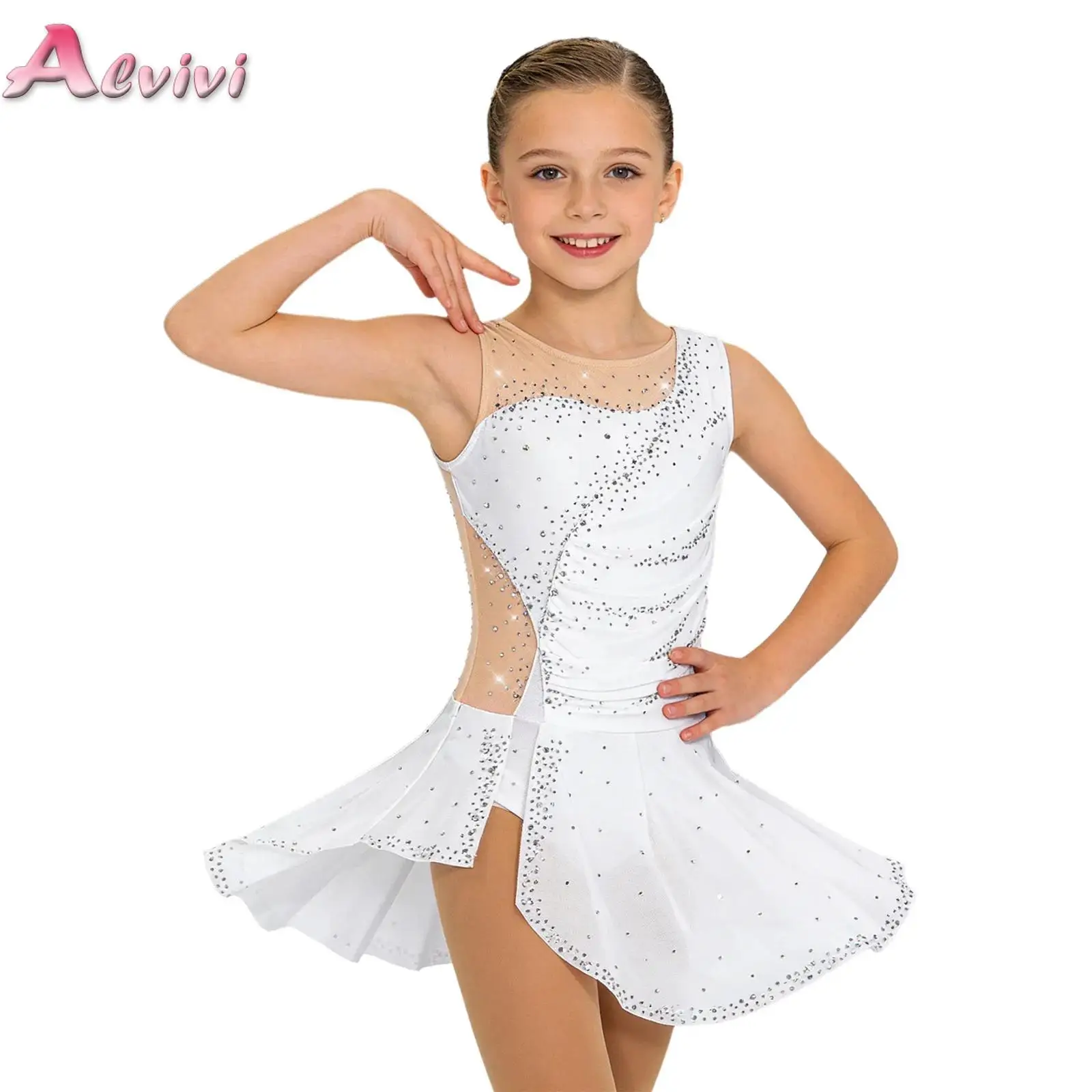 

Kids Girls Sparkling Rhinestones Ruched Mesh Side Slit Dress Sleeveless Ballet Dance Gymnastics Figure Skating Practice Costume