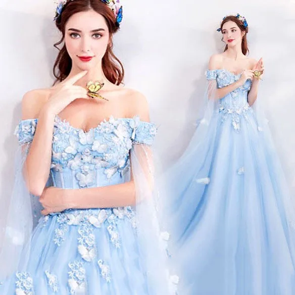 prom dress Blue butterfly fairy-like colorful yarn  new style banquet host evening dress art exam dress small person looks slim