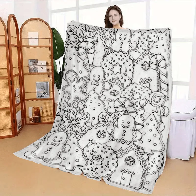 Black and White Line Draft Gingerbread Man Christmas Element Print Flannel Blanket Soft Sofa Cover Blanket Bedroom Nap Blanket