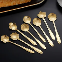 4pcs Coffee Spoon Set Gold Stainless Steel Cherry Rose Flower Dinnerware Ice Kitchen Dessert Tea Tableware Silverware Gift