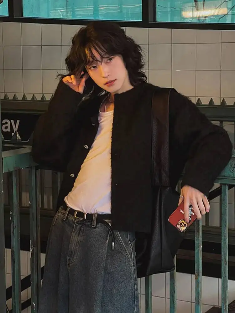 

Зимний мужской кардиган из искусственного норкового меха 2025 года, повседневные вязаные топы с круглым воротником, однобортные свободные мужские свитера