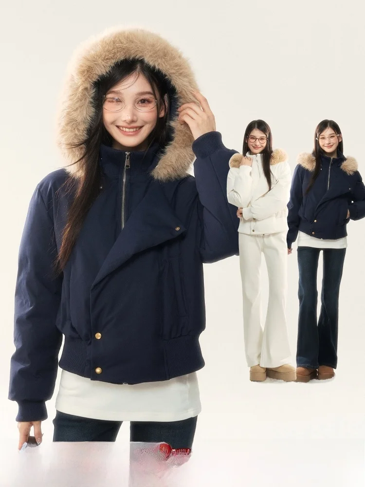 

ELEVEN SP Winter New Hooded down Jaet Women's Korean Sle Commute Warmth ort Coat Fur Collar Thiened Zipper Closure