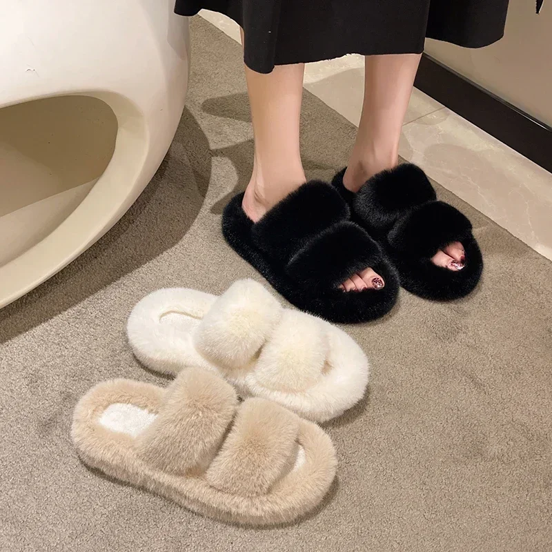 New Winter Open Toe Slipper Fashion Fur Thick Sole Flats Heel Ladies Casual Slip On Bedroom Shoes Soft Outdoor Slides Shoes