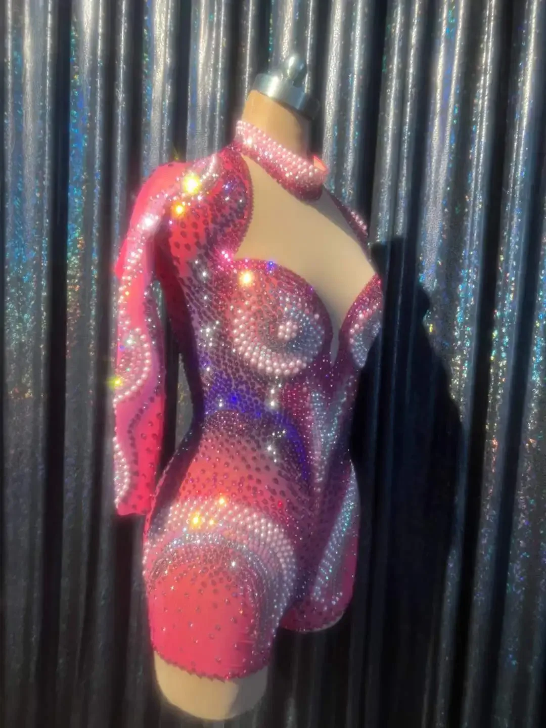 Women Romper Perform ShowGirl Sexy Bodysuits Sheer Drag Queen Outfit Rhinestone Stunning Gogo Dancer Stage Wear