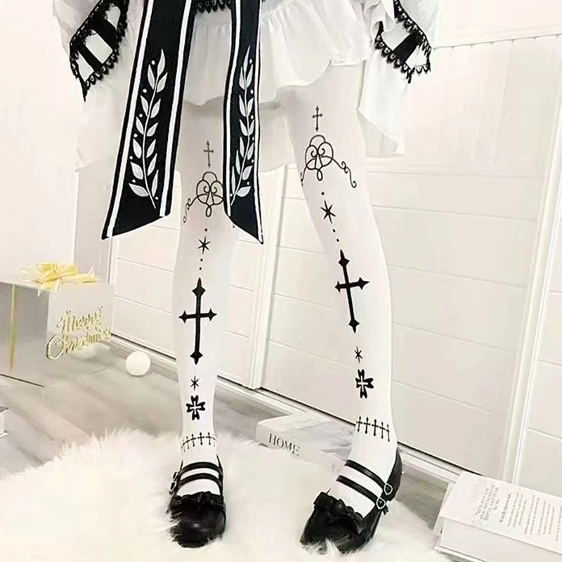 Gothic Cross Printed Lolita Socks For Women Girl Punk Velvet Over Knee Sock Cosplay Anime Thigh High Halloween Stockings