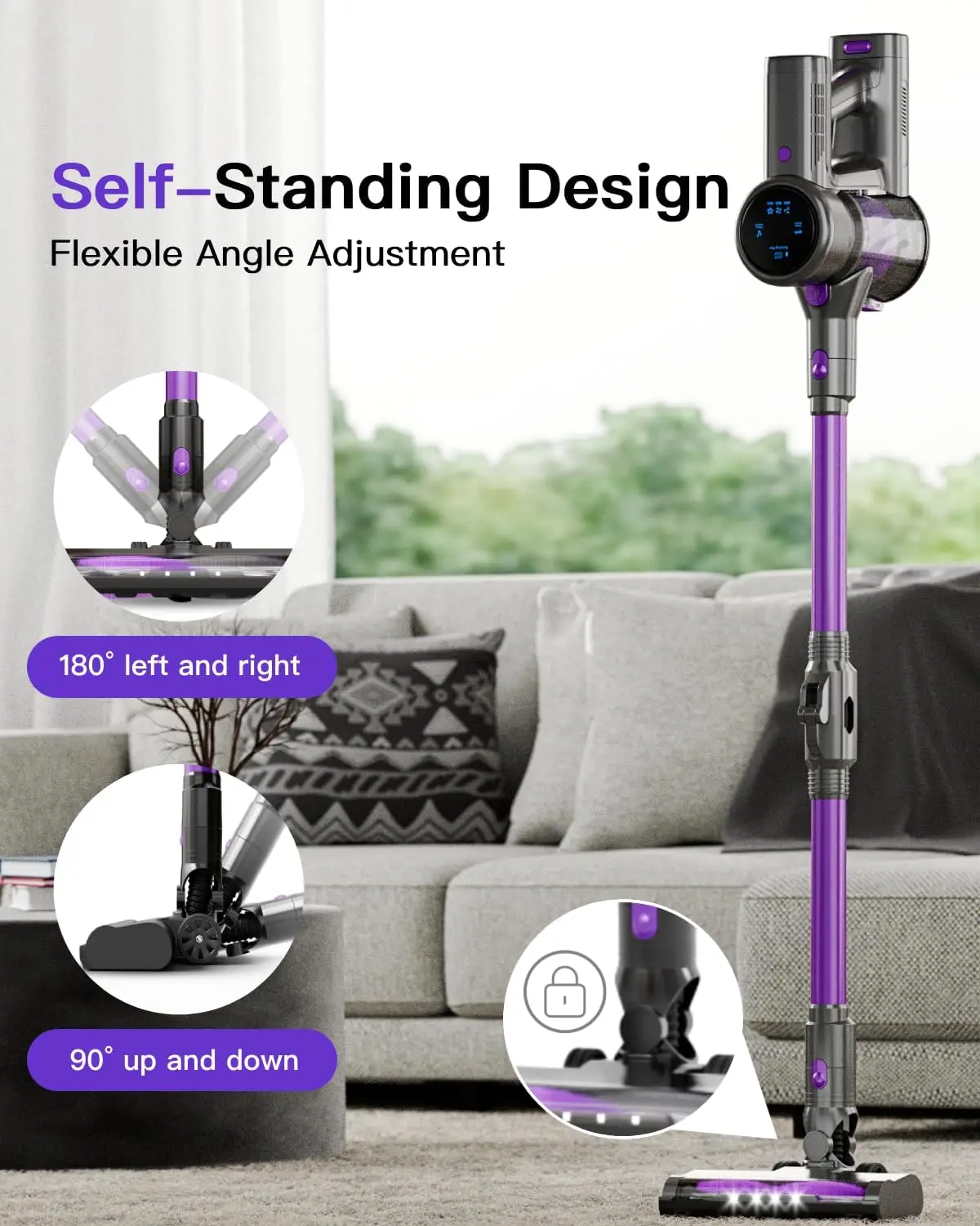 Беспроводной пылесос, всасывающий пылесос 28 кПа со светодиодной фарами, 3 режима, легкий беспроводной пылесос 6-в-1 с 40 минутами D