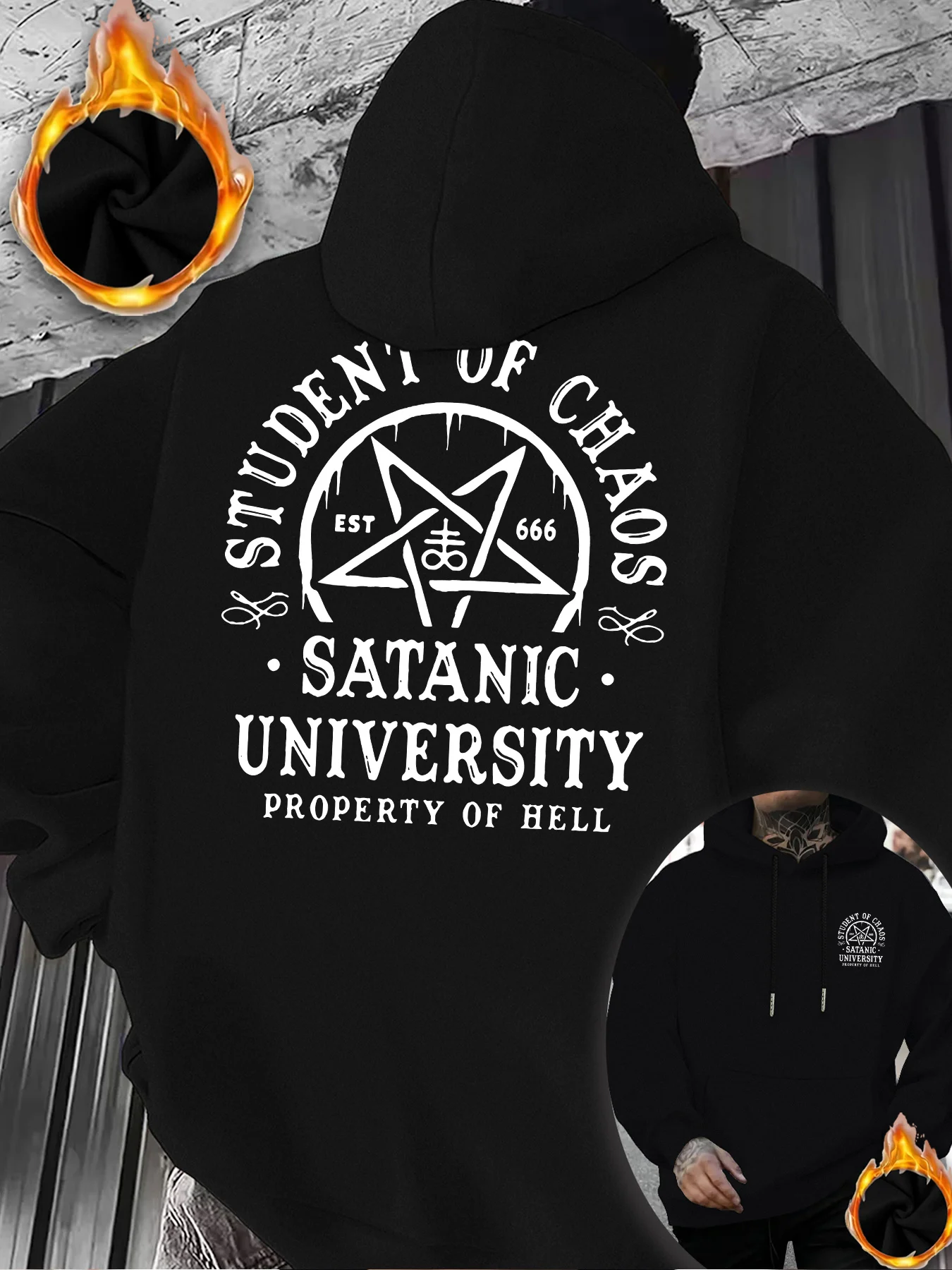 Dark Retro Men's Hooded Sweatshirt - Distressed Circular Badge Print - Warm and Personalized Pockets Hooded Sweatshirt