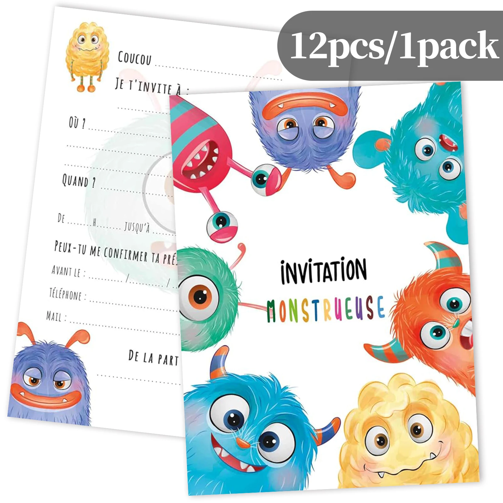 12 französische süße Monster-Party-Einladungskarten, geeignet für Geburtstagsfeiern/Monster-Themenfeiern für Jungen und Mädchen