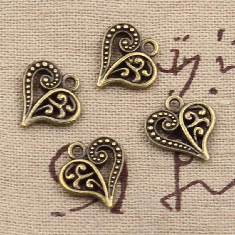 30 piezas de dijes de corazón encantador hueco 15x14mm hecho a mano artesanía colgante ajuste, color plata bronce tibetano Vintage, DIY para collar