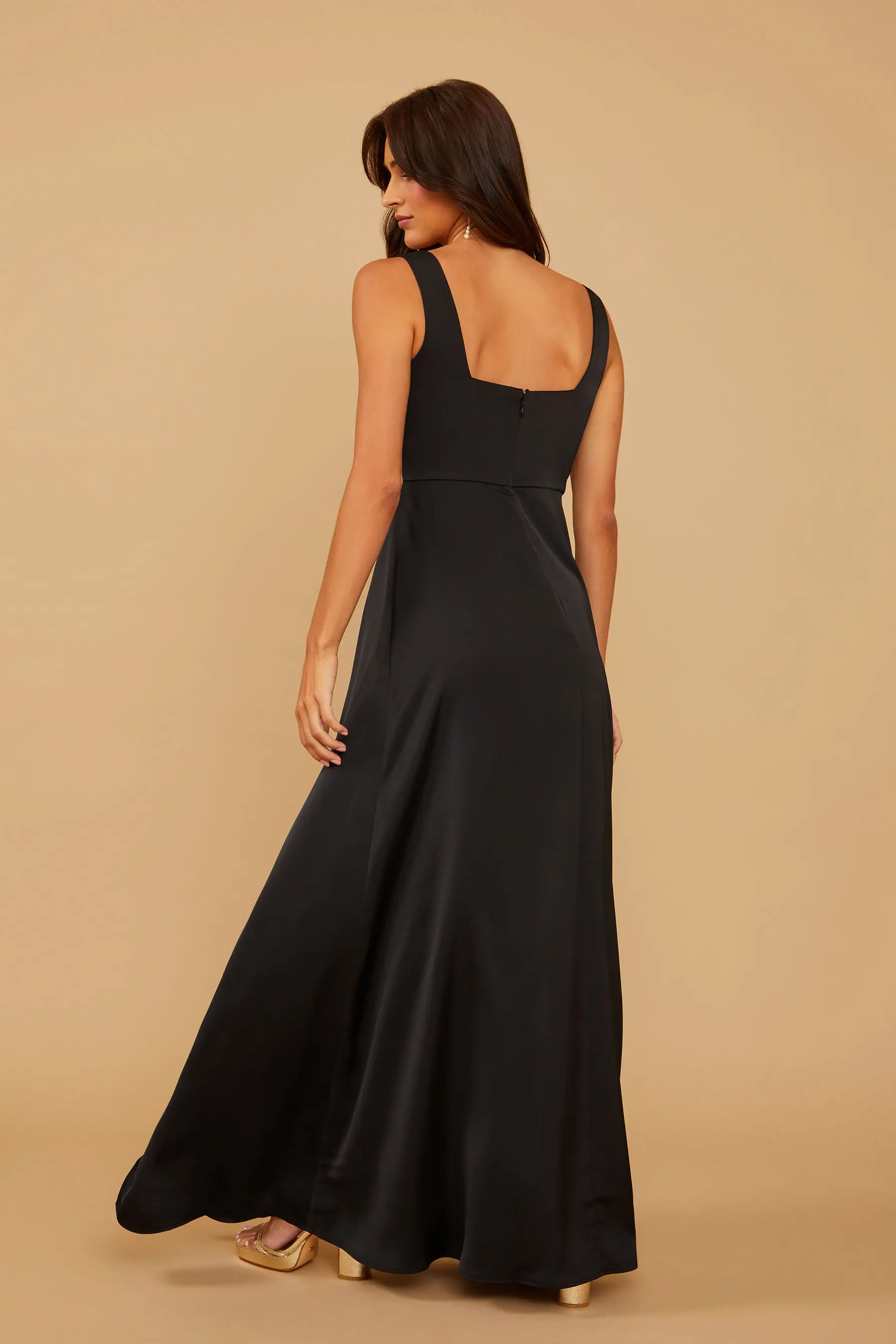 Satin Bridemaid Dresses Black Square Neck Sleeveless with Slit Long Floor Length Honor of Bride Wedding Guest Dresses