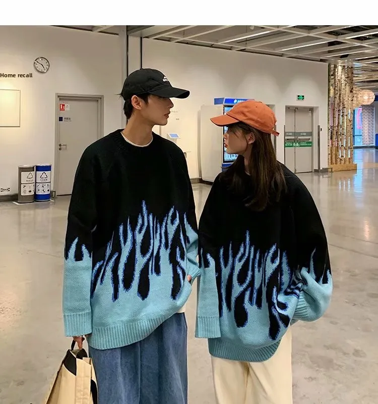 

Свободный вязаный свитер унисекс с принтом «Синее пламя» для осени и зимы, молодежный повседневный пуловер с длинным рукавом и круглым вырезом