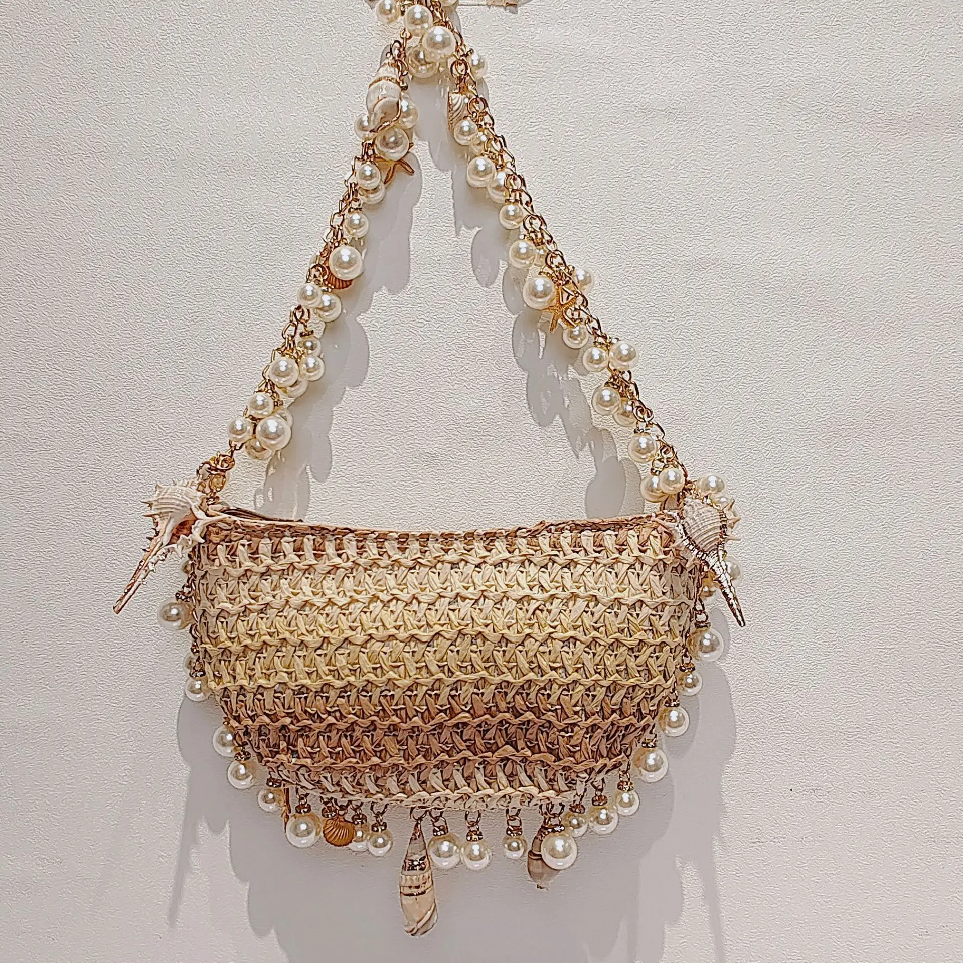 

Bohemian Pearls Straw Bag Conch Starfish Women Handbags Half Moon Beach Shoulder Bag Designer Rattan Crossbody Bags Ladies Tote